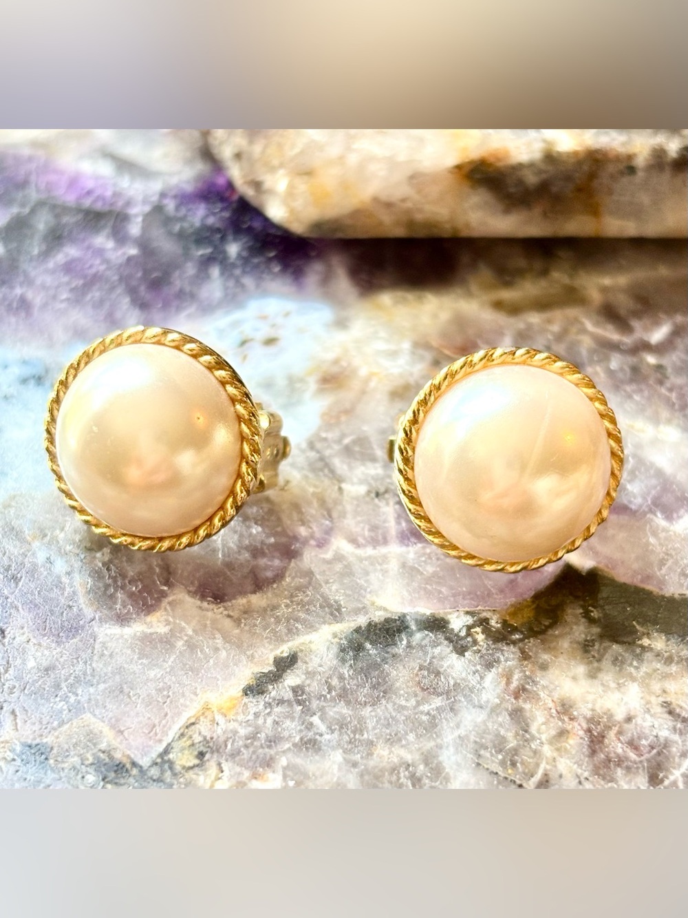 Classic Gold-Bezel Faux Pearl Clip-On Earrings - Vintage
